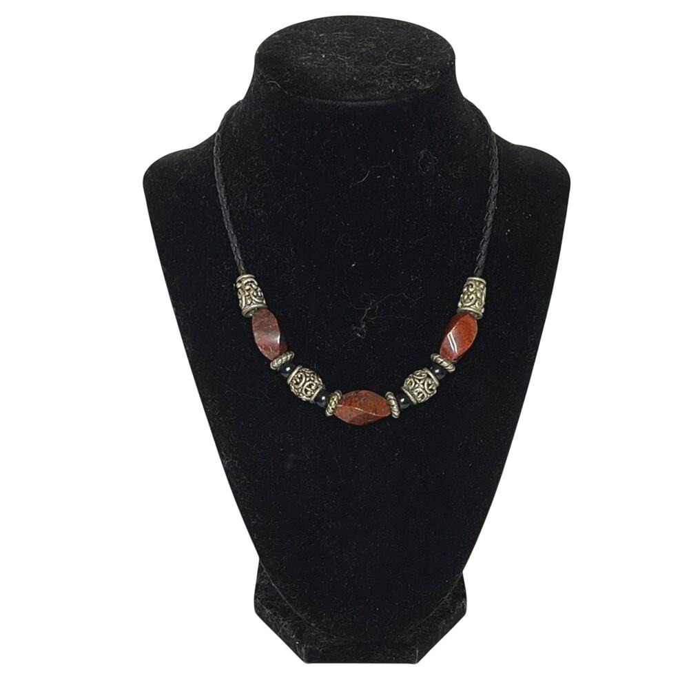 Vintage Boho Red Stone Silver Tone Braided Cord Necklace 16”
